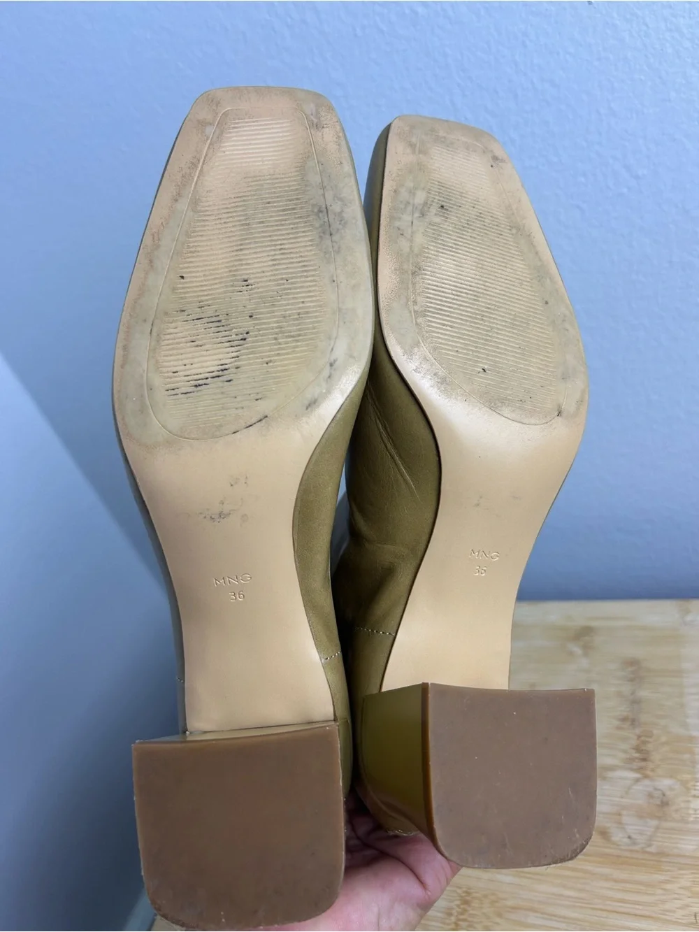 Mango Squared Toe Leather Ankle Boots Size 36 Women's Block Heel butter yellow